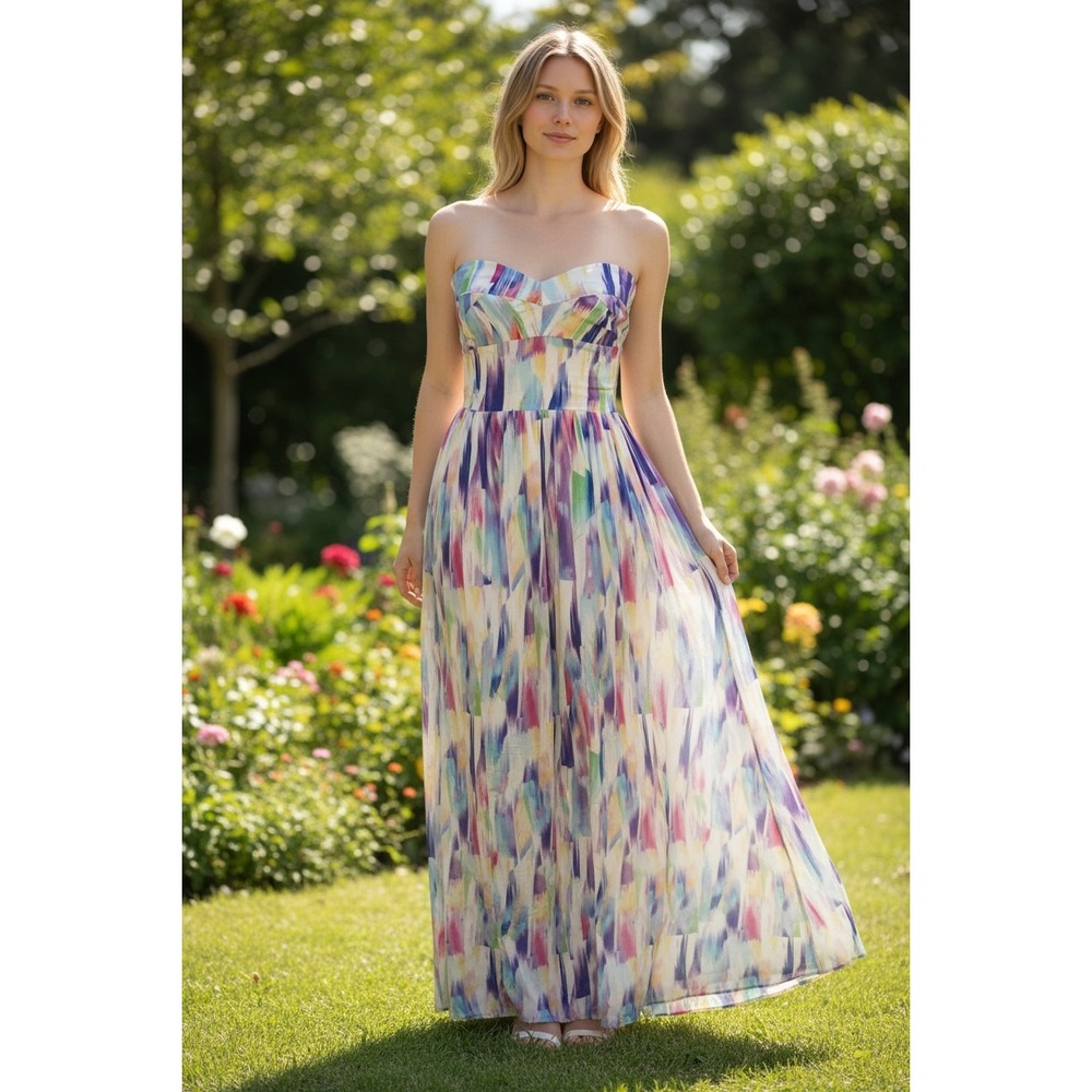 Amanda Uprichard Maxi Dress Womens Multi Color Silk Strapless Abstract Size P/XS